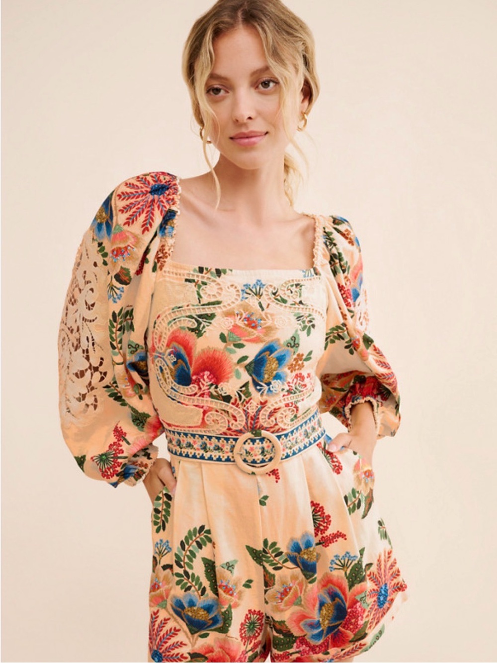 FARM Rio Peach Floral Embroidered Romper with Belt